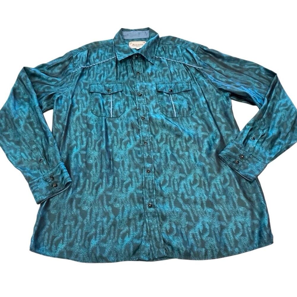 Ace of Diamond Men's Retro Abstract Pearl Snap Long Sleeve Western Shirt Teal Si